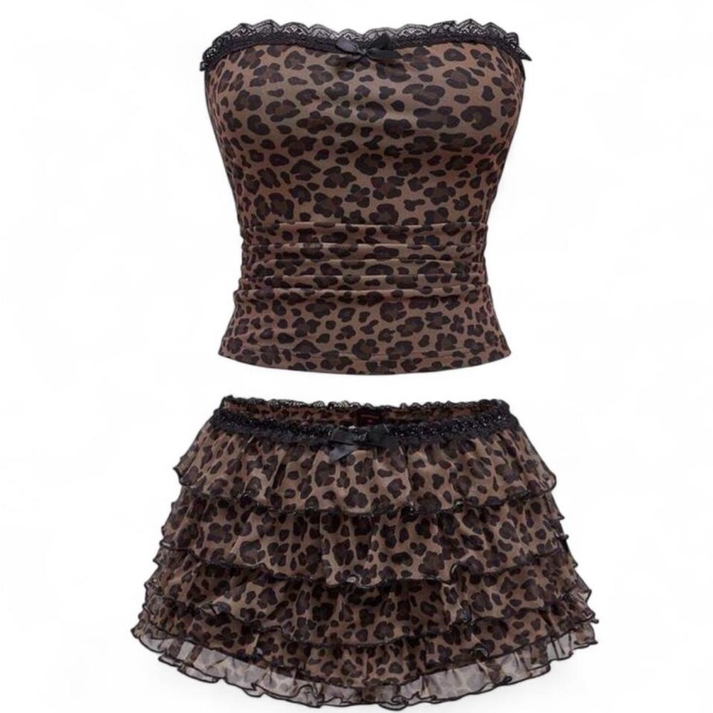 Leopard Print Strapless Top and Skirt Set